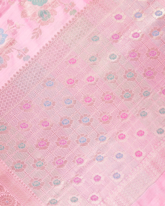 Pink Pure Banarasi Saree with Multicolour Floral Meenakari Weaving