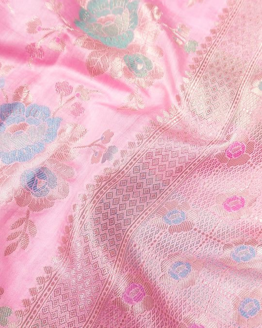 Pink Pure Banarasi Saree with Multicolour Floral Meenakari Weaving