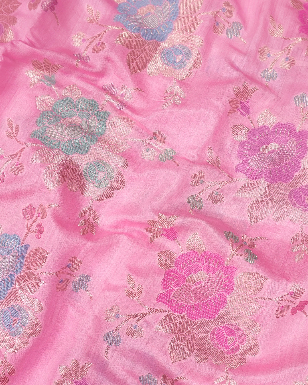 Pink Pure Banarasi Saree with Multicolour Floral Meenakari Weaving