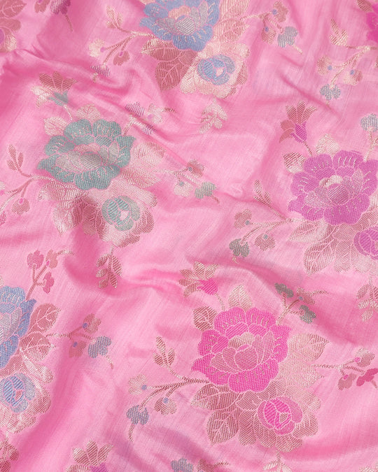 Pink Pure Banarasi Saree with Multicolour Floral Meenakari Weaving