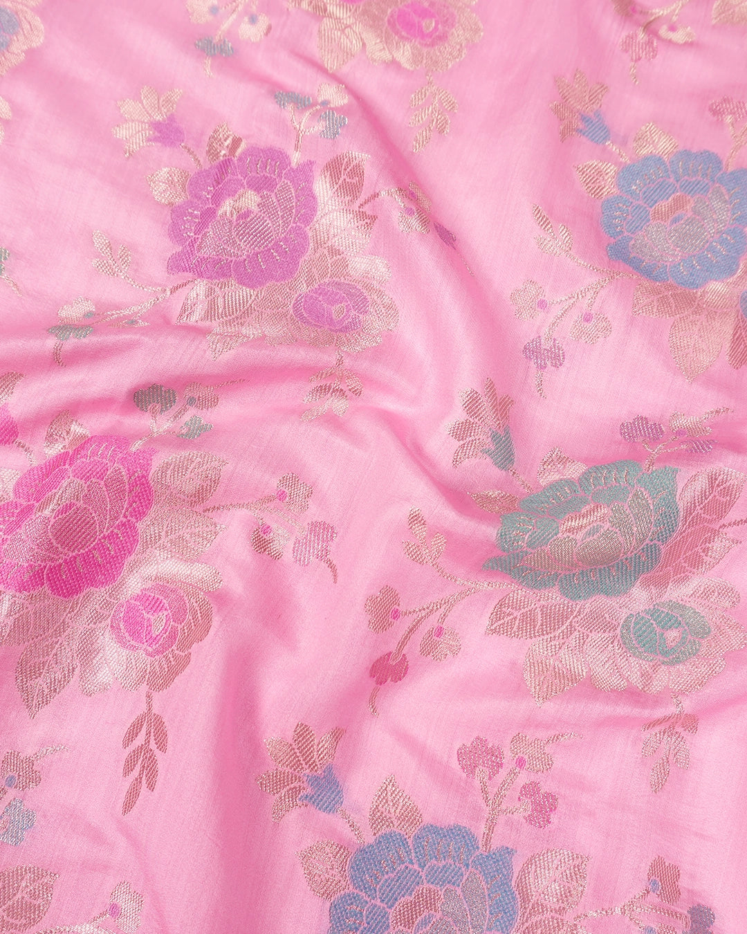 Pink Pure Banarasi Saree with Multicolour Floral Meenakari Weaving