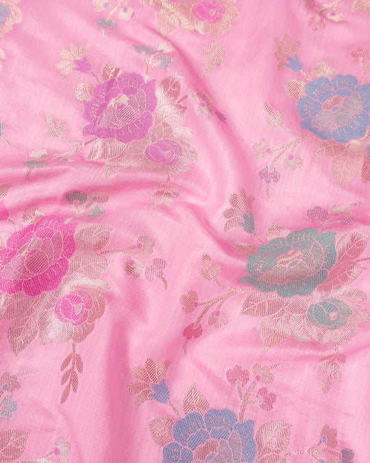 Pink Pure Banarasi Saree with Multicolour Floral Meenakari Weaving