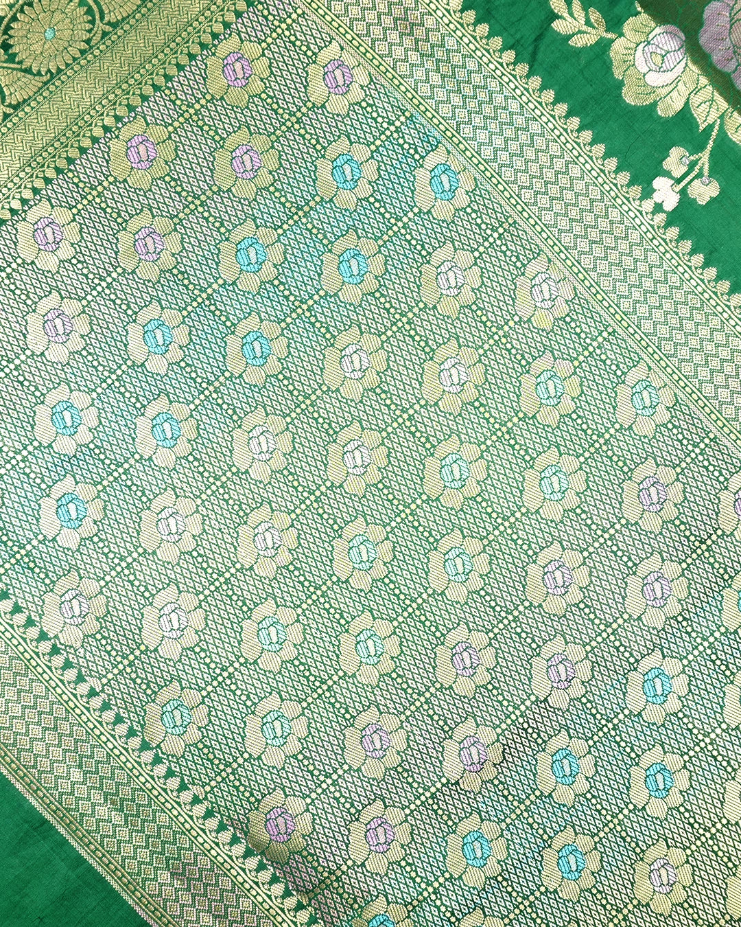 Green Pure Banarasi Saree with Pastel Floral Meenakari Weaving