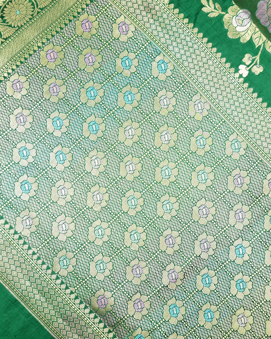 Green Pure Banarasi Saree with Pastel Floral Meenakari Weaving