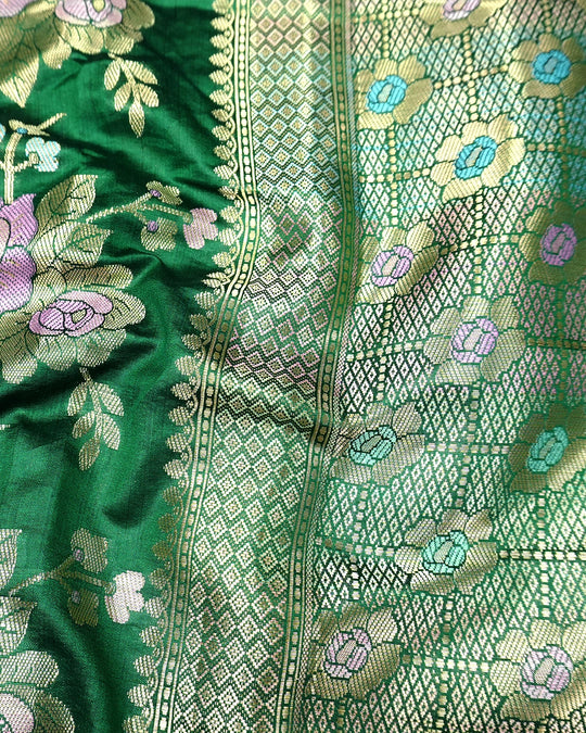 Green Pure Banarasi Saree with Pastel Floral Meenakari Weaving