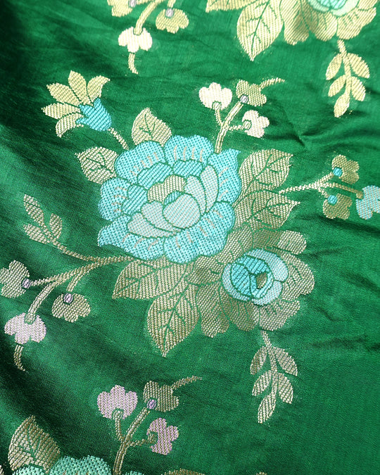 Green Pure Banarasi Saree with Pastel Floral Meenakari Weaving