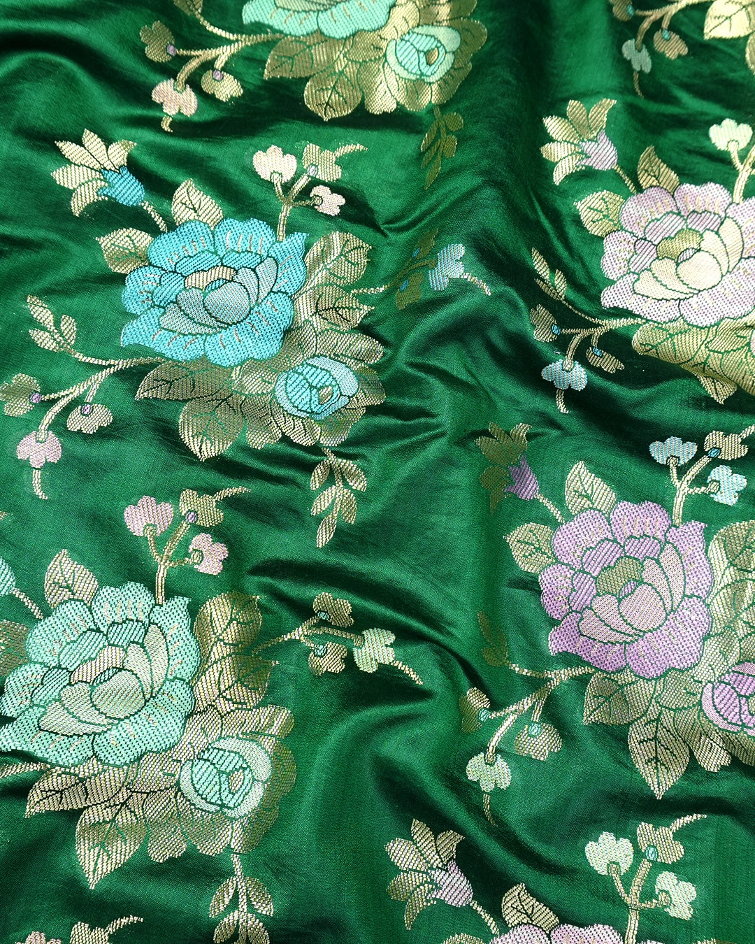 Green Pure Banarasi Saree with Pastel Floral Meenakari Weaving