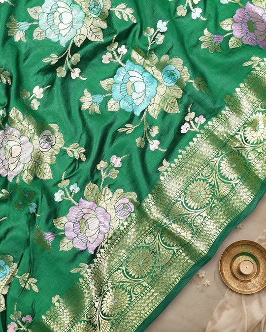 Green Pure Banarasi Saree with Pastel Floral Meenakari Weaving