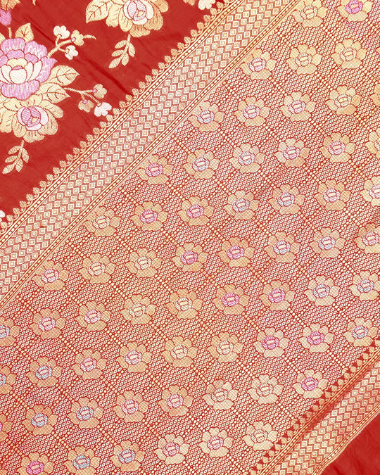 Red Pure Banarasi Saree with Pastel Floral Meenakari Weaving