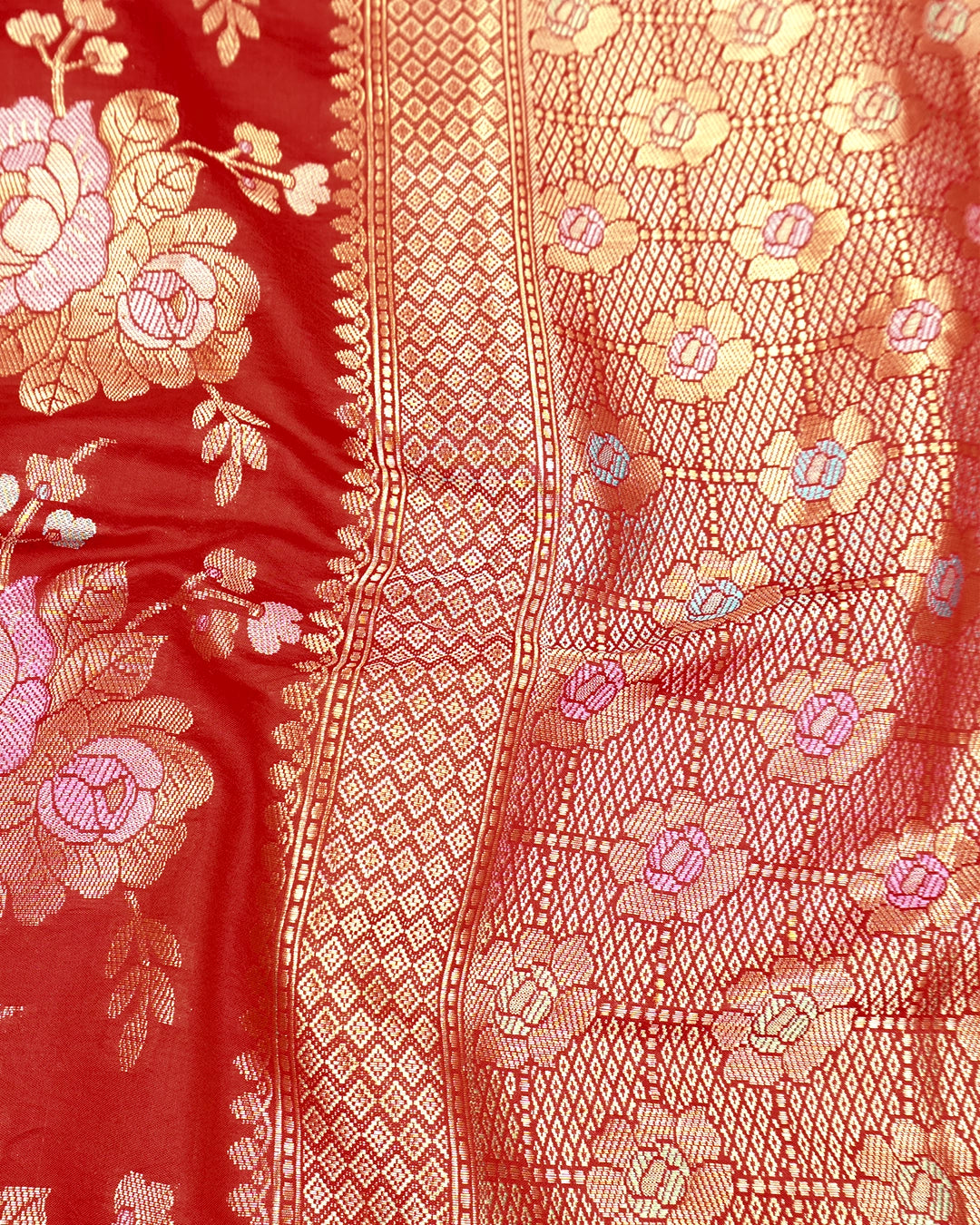 Red Pure Banarasi Saree with Pastel Floral Meenakari Weaving