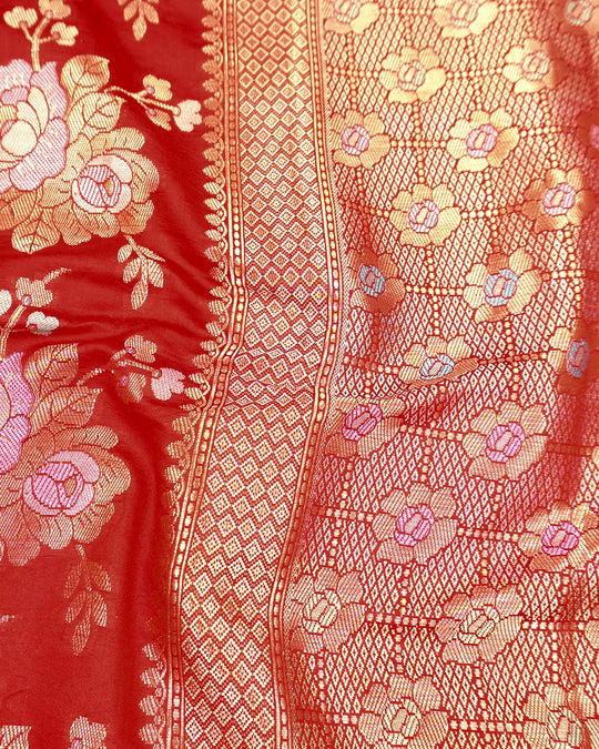 Red Pure Banarasi Saree with Pastel Floral Meenakari Weaving