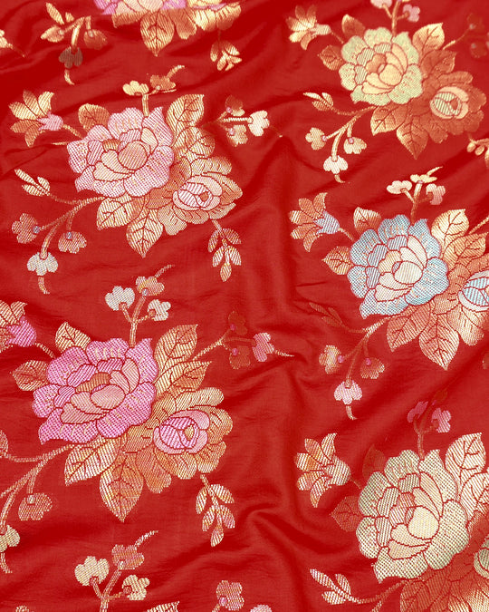 Red Pure Banarasi Saree with Pastel Floral Meenakari Weaving