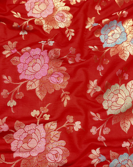 Red Pure Banarasi Saree with Pastel Floral Meenakari Weaving