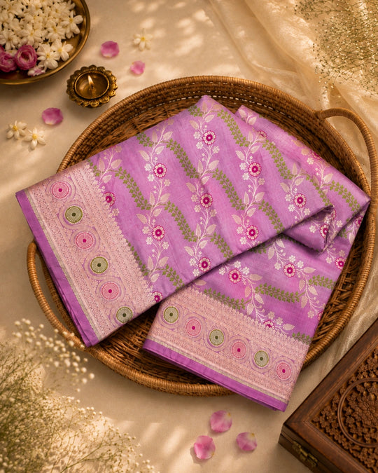 Orchid Lilac Pure Katan Saree with Flowing Leafy Vines Meenakari Weaves