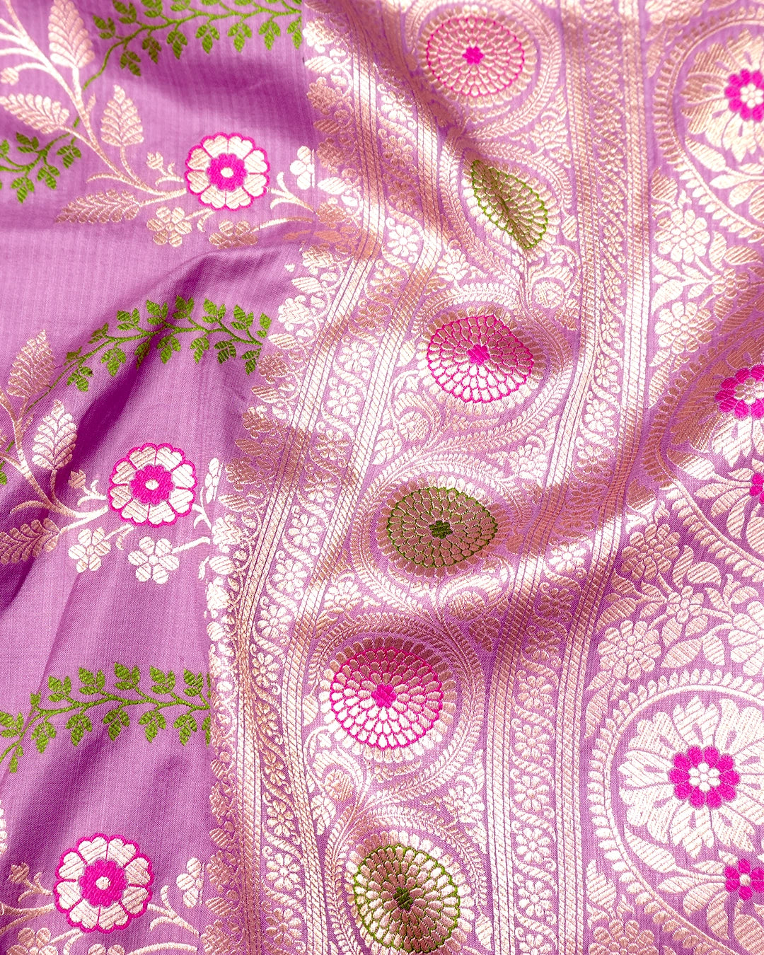 Orchid Lilac Pure Katan Saree with Flowing Leafy Vines Meenakari Weaves