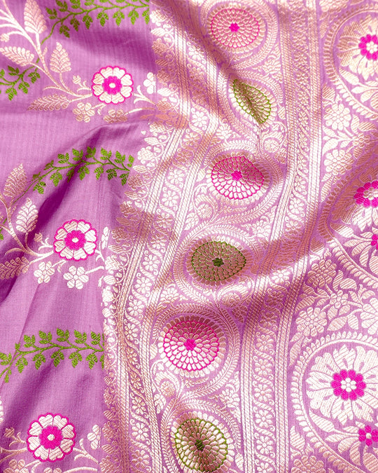 Orchid Lilac Pure Katan Saree with Flowing Leafy Vines Meenakari Weaves