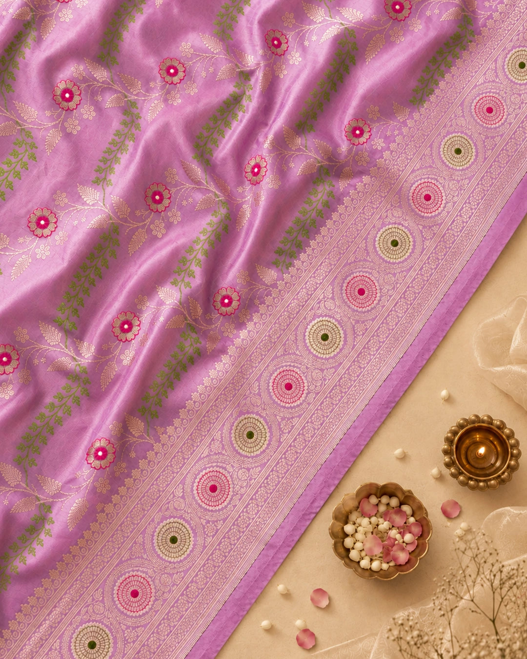 Orchid Lilac Pure Katan Saree with Flowing Leafy Vines Meenakari Weaves