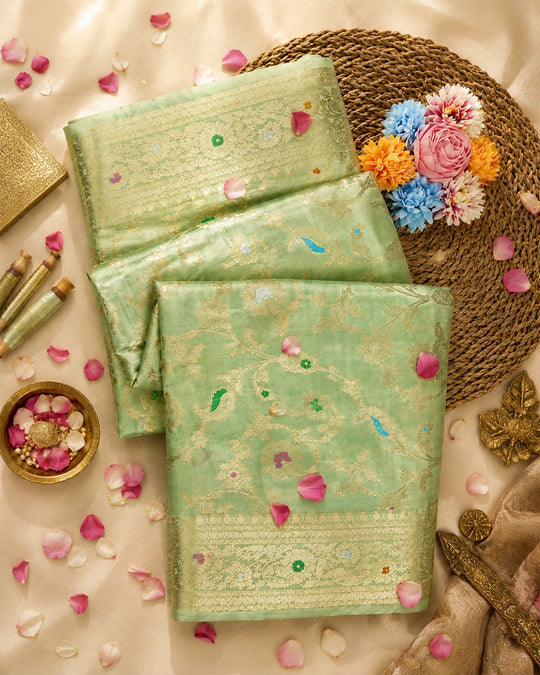 Sea Green Pure Banarasi Saree with Floral Meenakari Jaal Weave