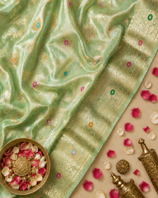 Sea Green Pure Banarasi Saree with Floral Meenakari Jaal Weave