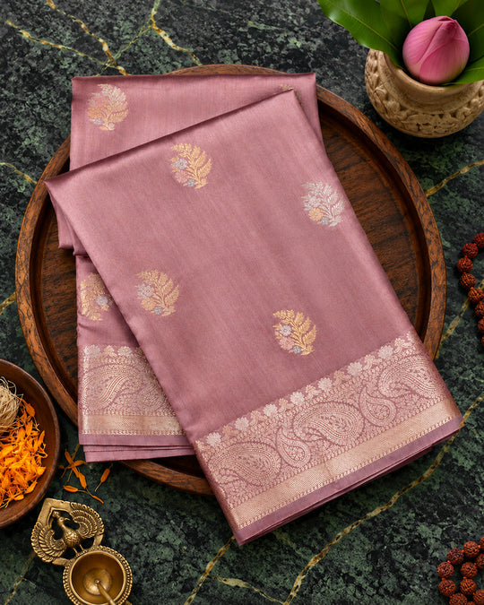 Dusty Rose Pure Banarasi Saree with Sona Rupa Floral Buti Weave