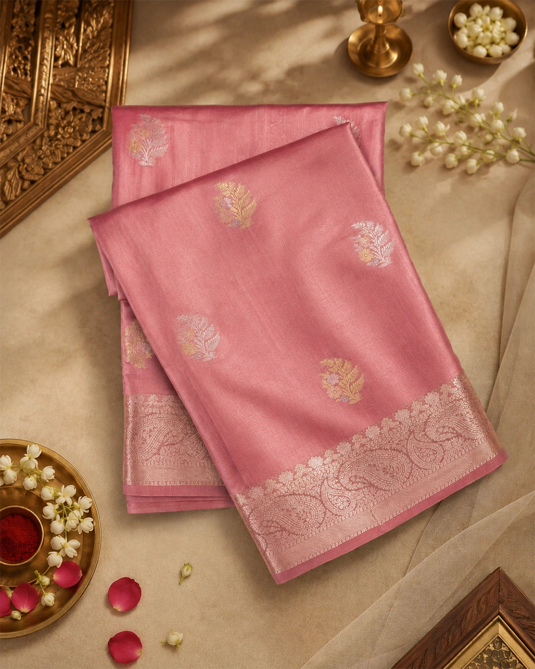 Dusty Rose Pure Banarasi Saree with Sona Rupa Floral Buti Weave