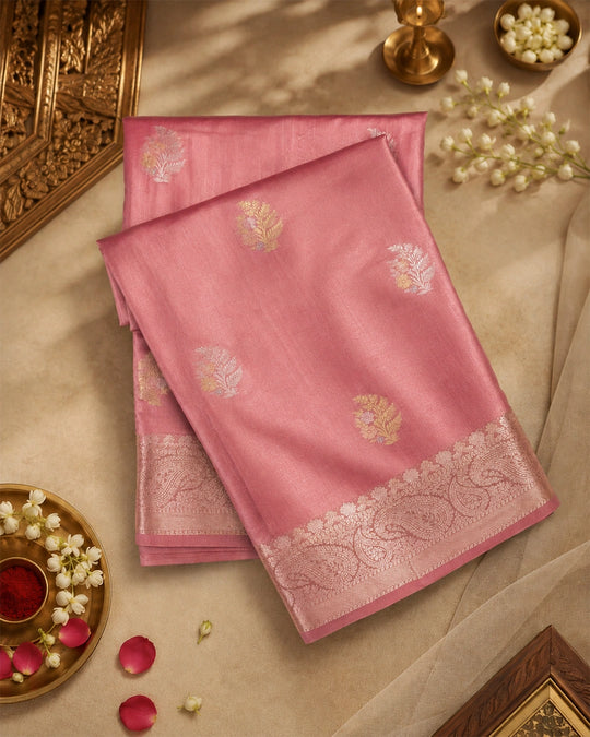Dusty Rose Pure Banarasi Saree with Sona Rupa Floral Buti Weave