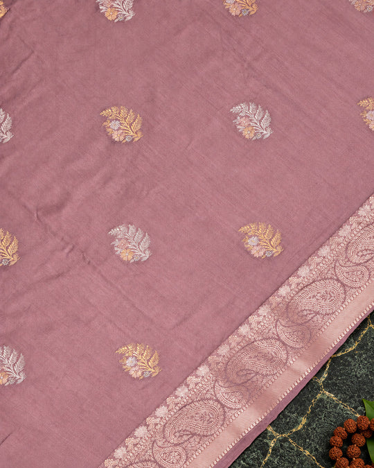 Dusty Rose Pure Banarasi Saree with Sona Rupa Floral Buti Weave