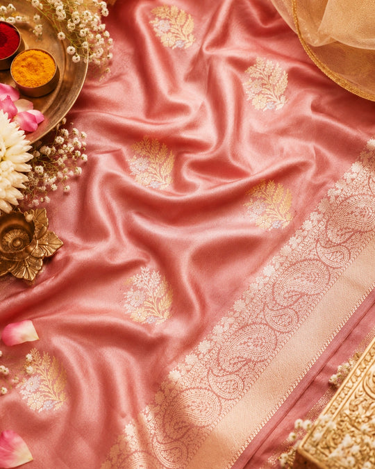 Dusty Rose Pure Banarasi Saree with Sona Rupa Floral Buti Weave