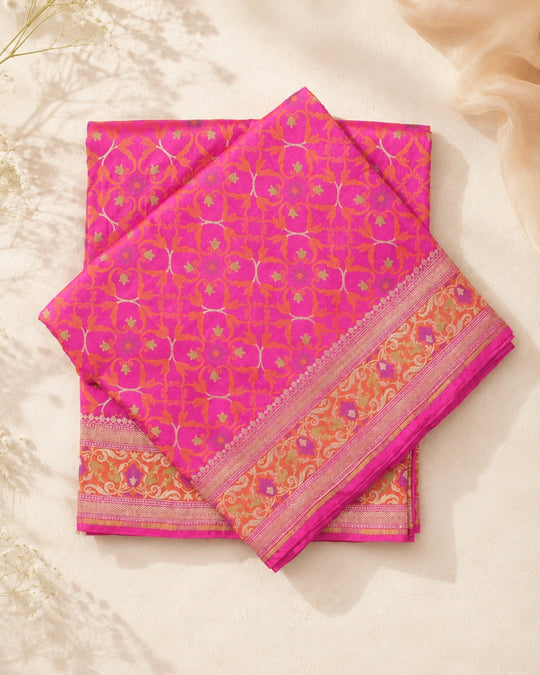 Pink Pure Katan Saree with Multicolour Contemporary Jaal Weaves