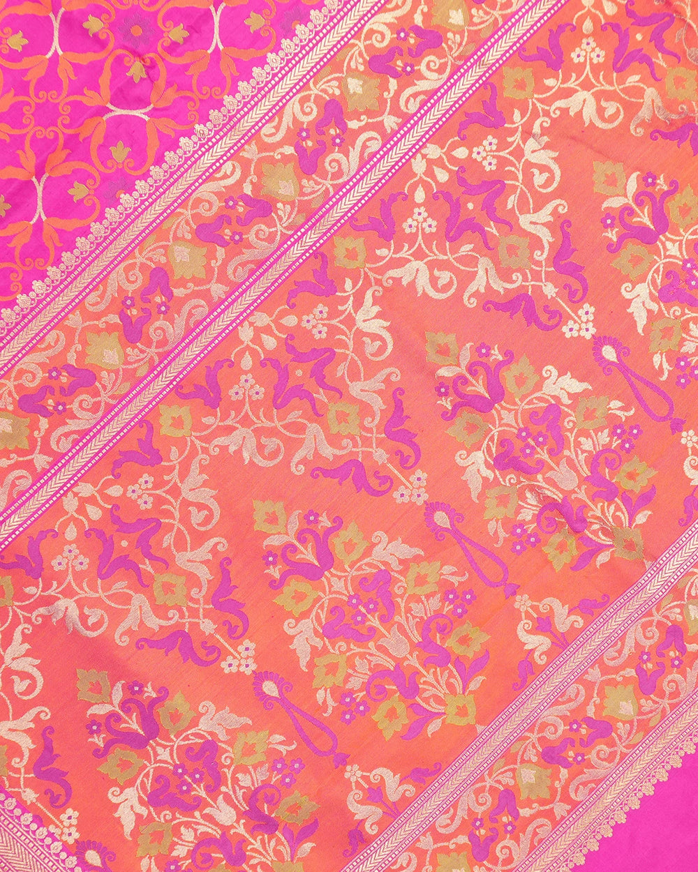 Pink Pure Katan Saree with Multicolour Contemporary Jaal Weaves