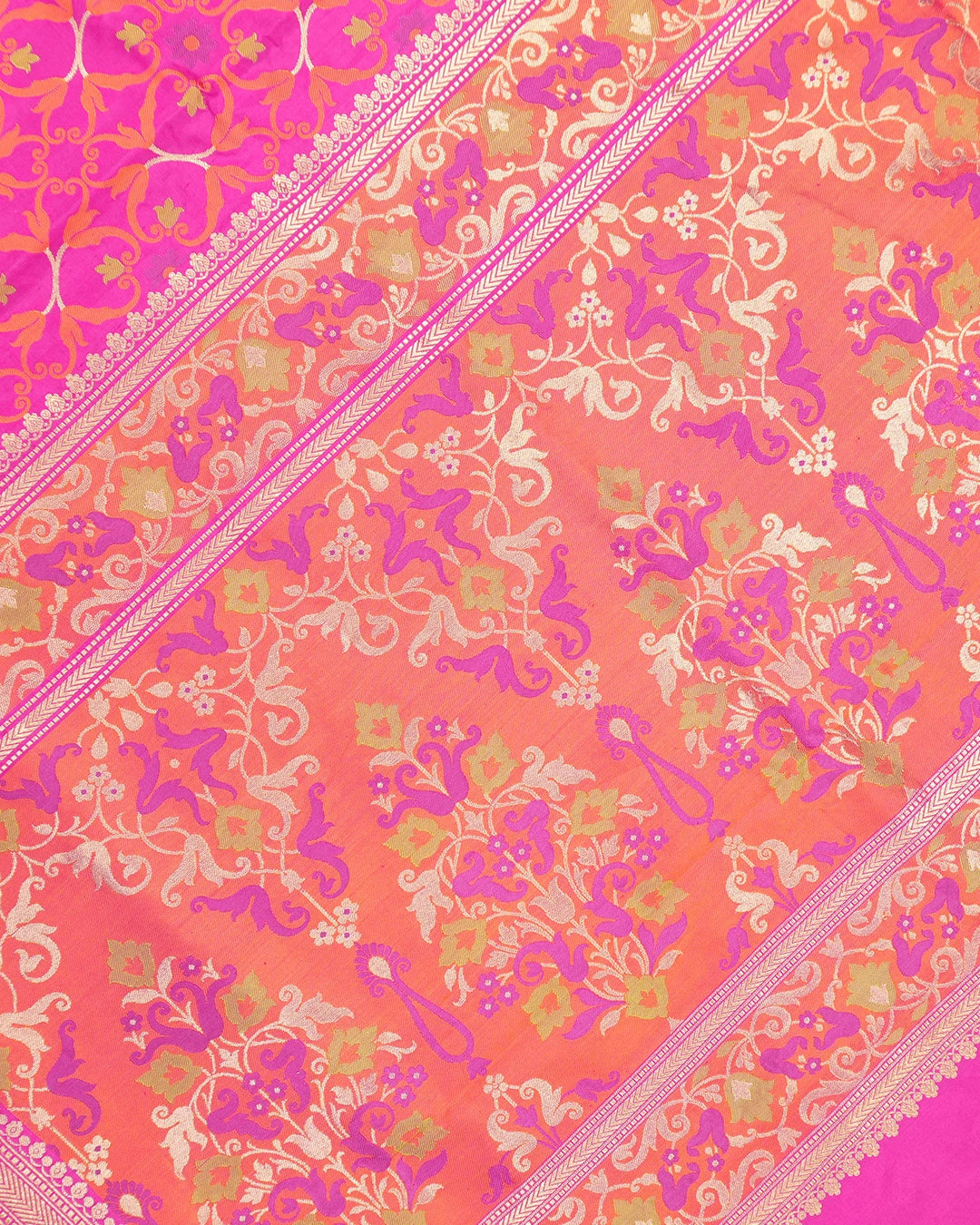 Pink Pure Katan Saree with Multicolour Contemporary Jaal Weaves