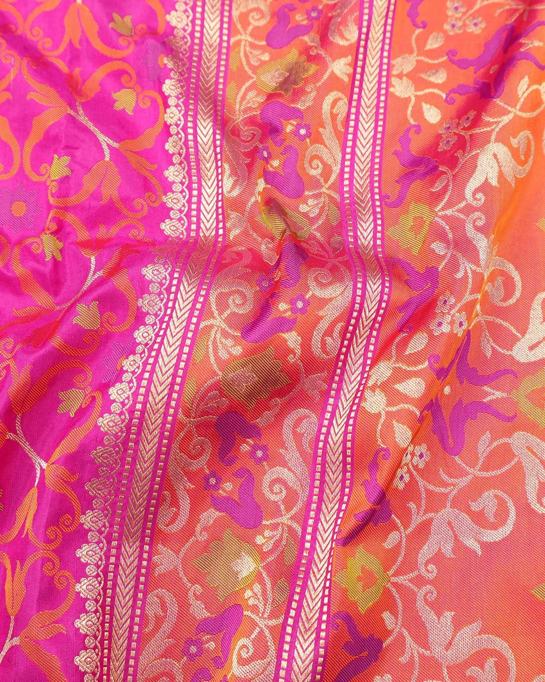 Pink Pure Katan Saree with Multicolour Contemporary Jaal Weaves