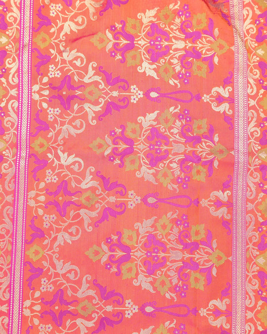 Pink Pure Katan Saree with Multicolour Contemporary Jaal Weaves