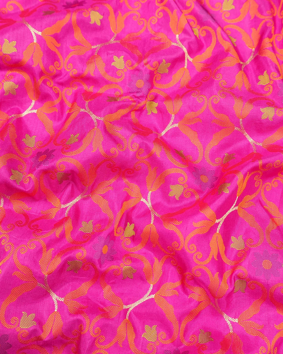 Pink Pure Katan Saree with Multicolour Contemporary Jaal Weaves