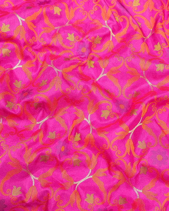 Pink Pure Katan Saree with Multicolour Contemporary Jaal Weaves