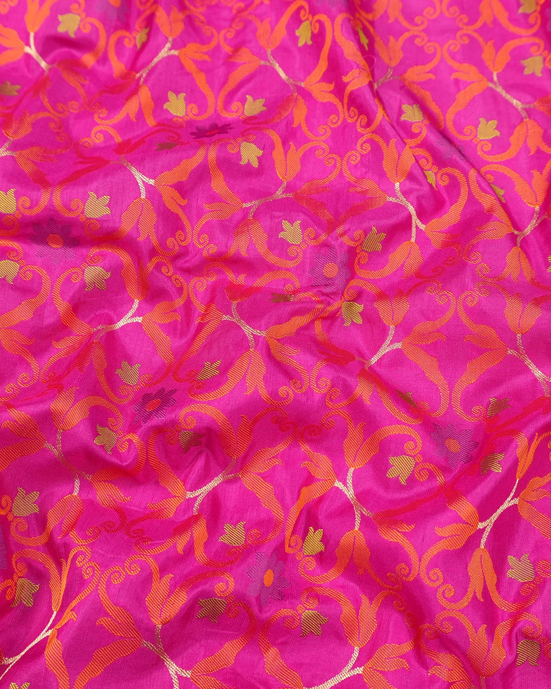 Pink Pure Katan Saree with Multicolour Contemporary Jaal Weaves