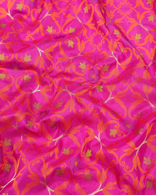 Pink Pure Katan Saree with Multicolour Contemporary Jaal Weaves