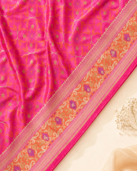 Pink Pure Katan Saree with Multicolour Contemporary Jaal Weaves