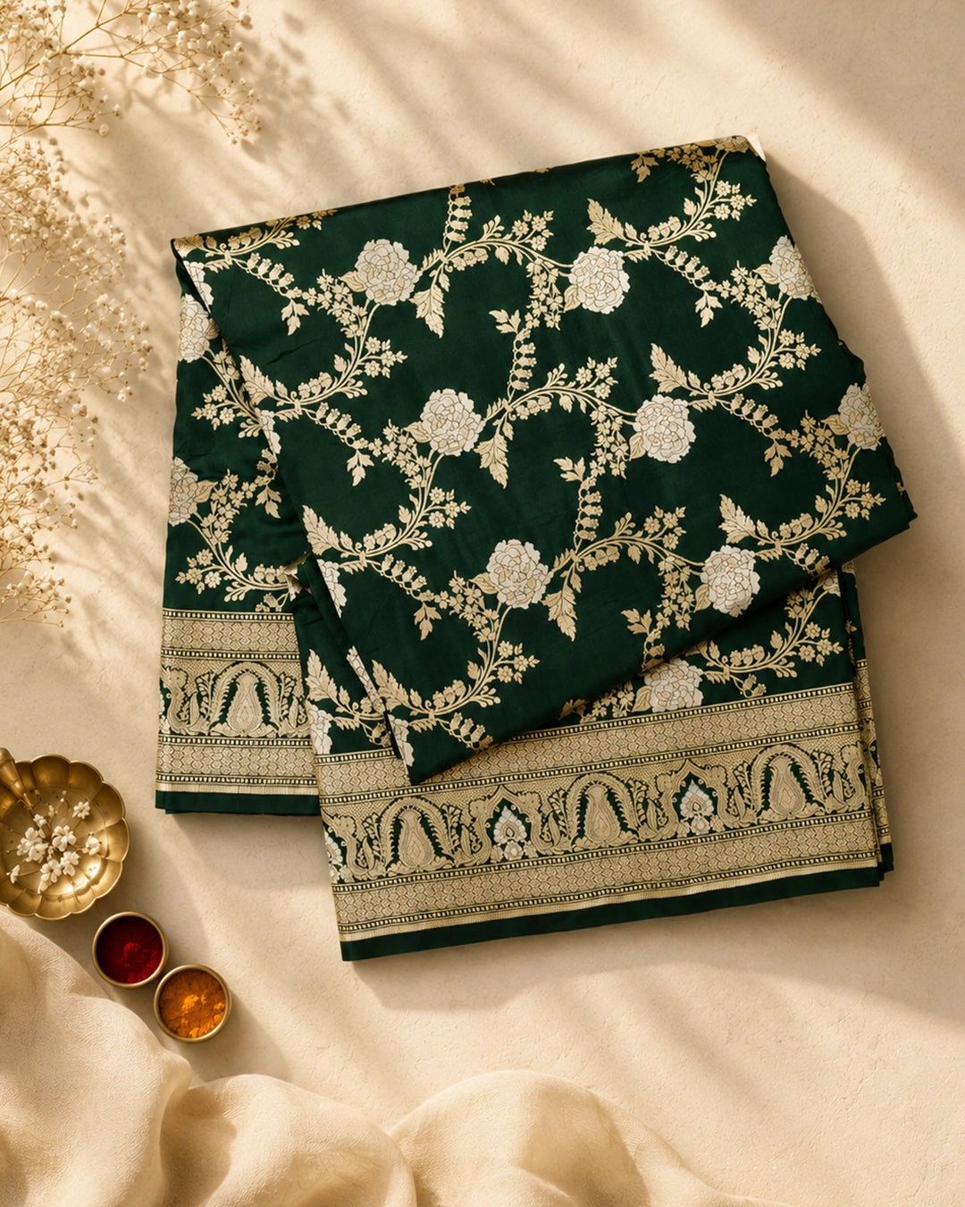 Bottle Green Pure Katan Saree with Sona Rupa Floral Vine Weaving