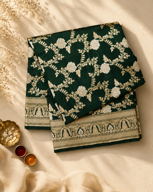 Bottle Green Pure Katan Saree with Sona Rupa Floral Vine Weaving