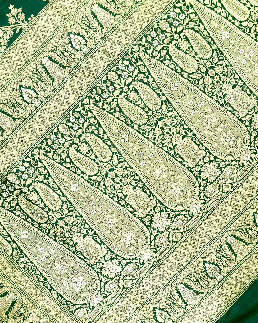 Bottle Green Pure Katan Saree with Sona Rupa Floral Vine Weaving