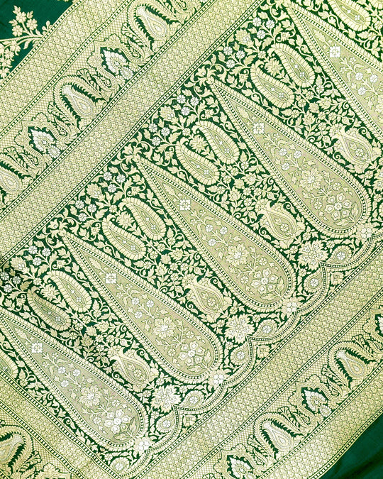 Bottle Green Pure Katan Saree with Sona Rupa Floral Vine Weaving