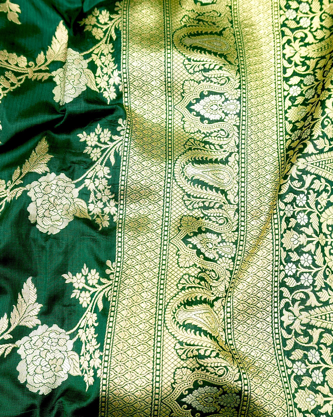 Bottle Green Pure Katan Saree with Sona Rupa Floral Vine Weaving