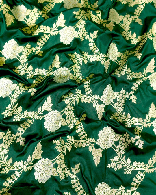 Bottle Green Pure Katan Saree with Sona Rupa Floral Vine Weaving