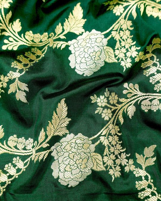 Bottle Green Pure Katan Saree with Sona Rupa Floral Vine Weaving