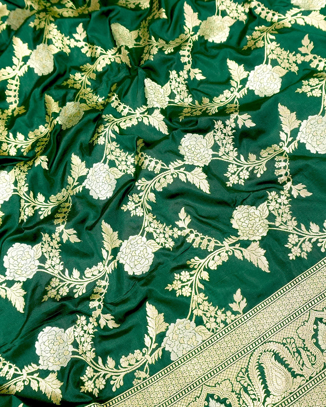 Bottle Green Pure Katan Saree with Sona Rupa Floral Vine Weaving