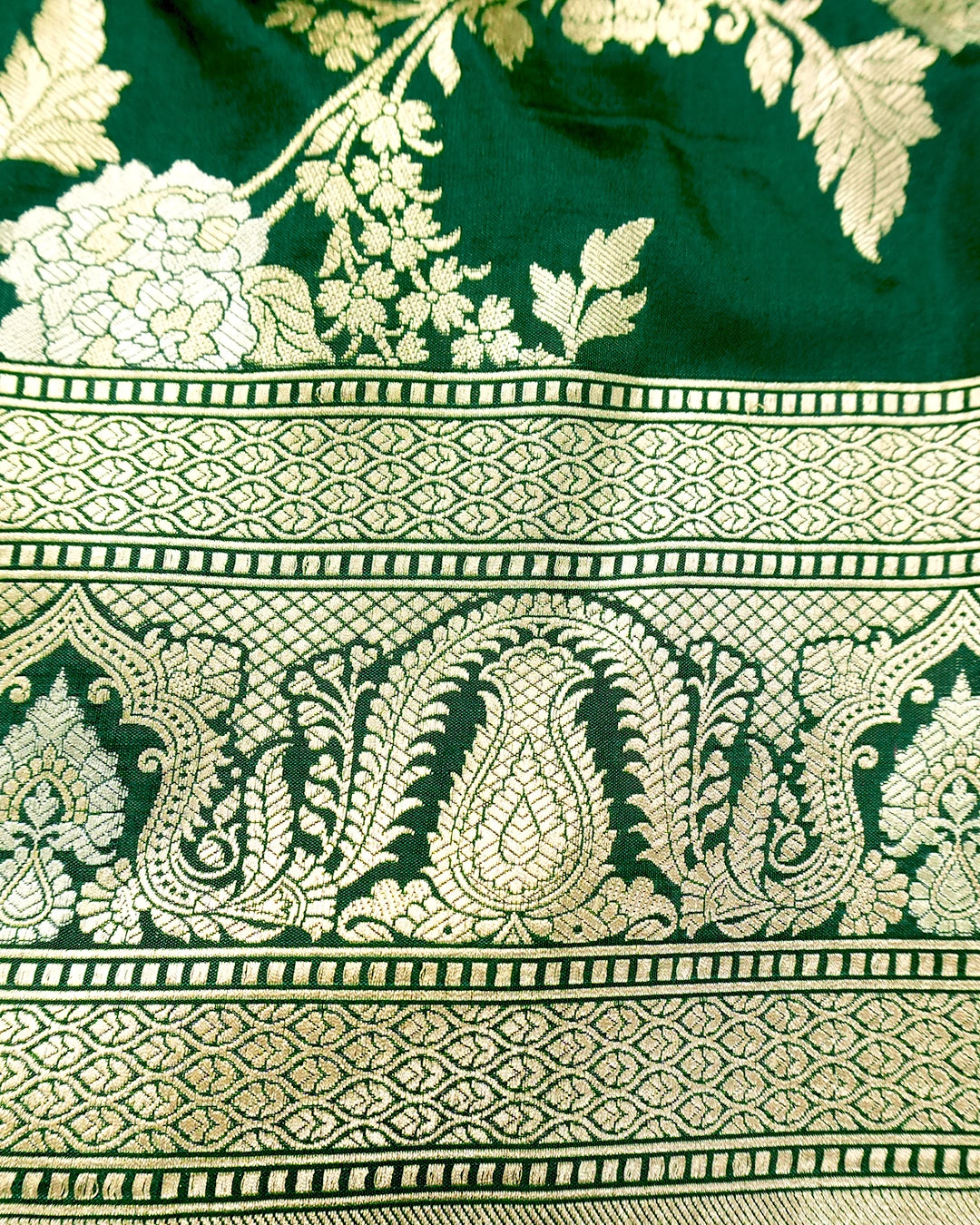 Bottle Green Pure Katan Saree with Sona Rupa Floral Vine Weaving