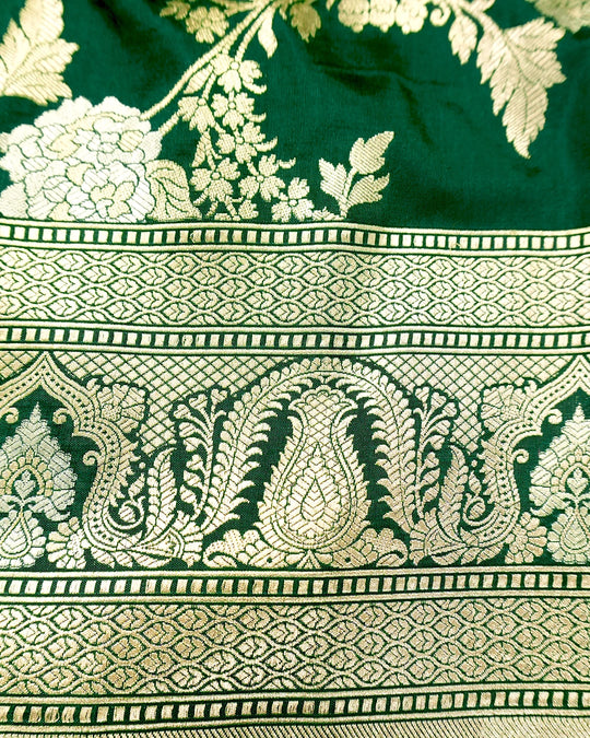 Bottle Green Pure Katan Saree with Sona Rupa Floral Vine Weaving