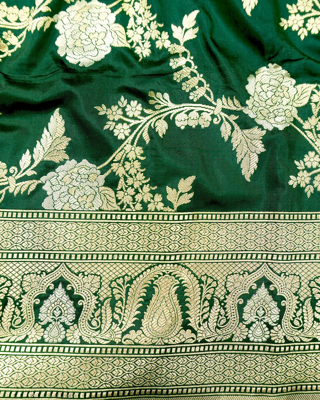 Bottle Green Pure Katan Saree with Sona Rupa Floral Vine Weaving