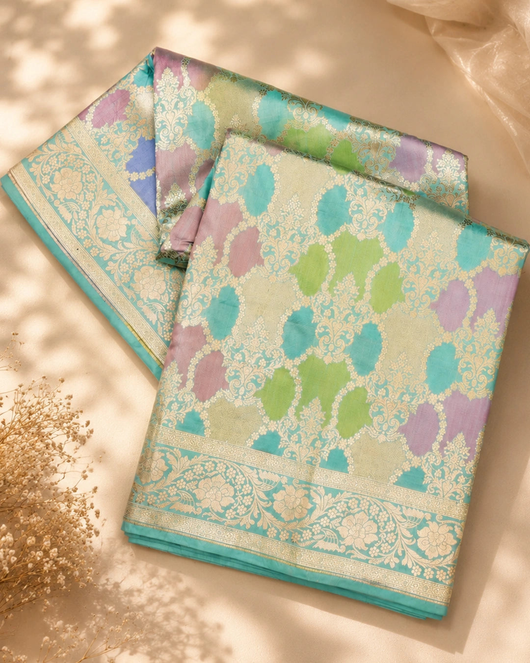 Turquoise Pure Katan Saree with Rangkat Jaal Weaves